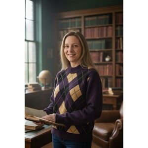 EP Pro Womens Argyle Golf Sweater M Purple Black Beige Pullover velour old money